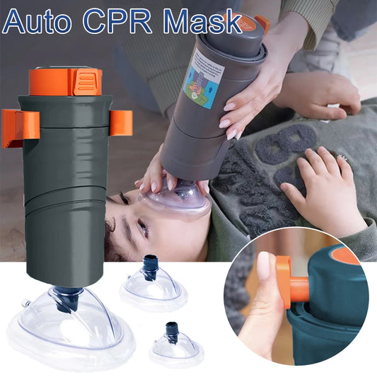 Automatic CPR mask device used on a child, emergency breathing first aid tool